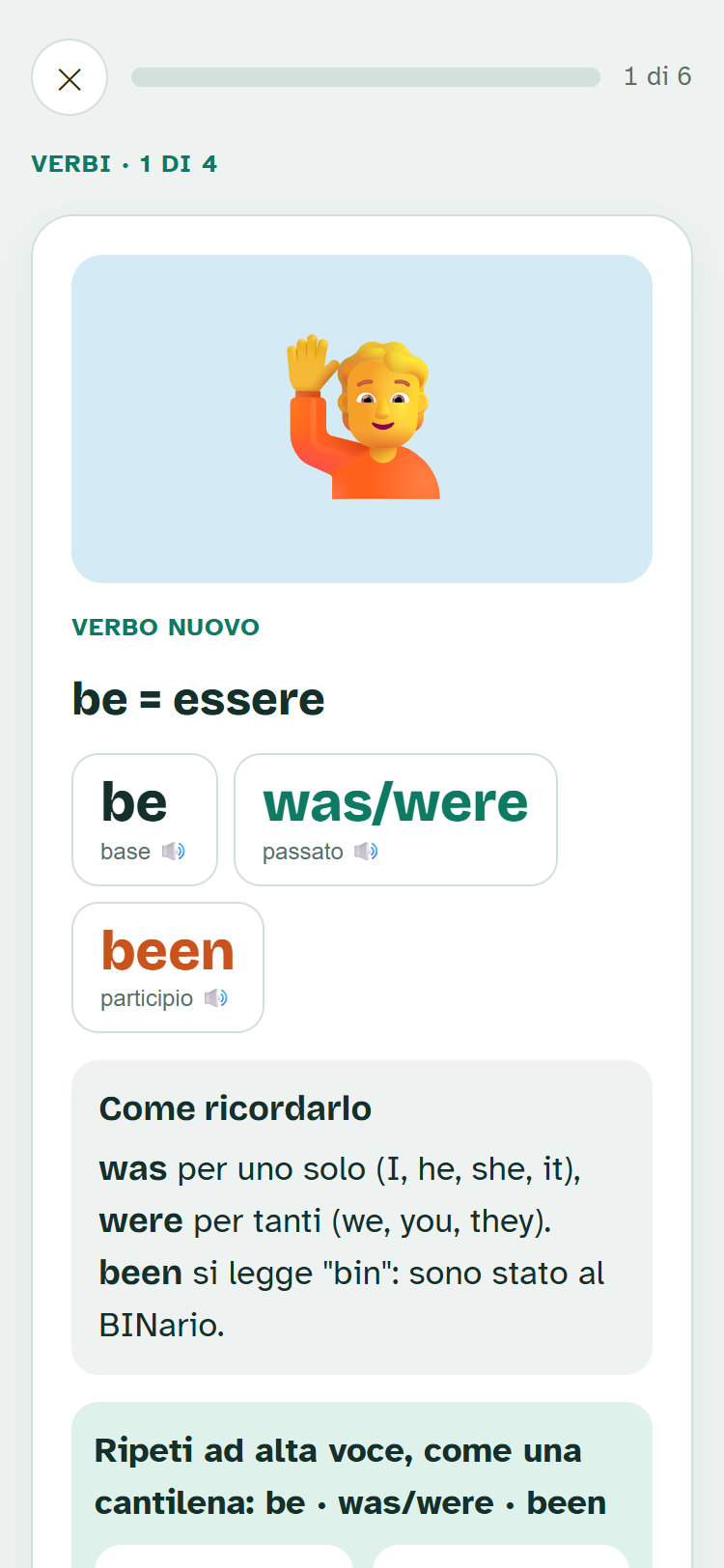 Schermata dei verbi di English Coach